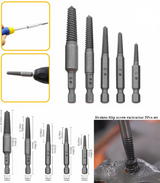 5Pcs Screw Extractor Broken head damage Screw Remover Screwdriver Stripped Screw - five grey metal drill bits, usage examples, and a dimension diagram with measurements in millimeters and inches.