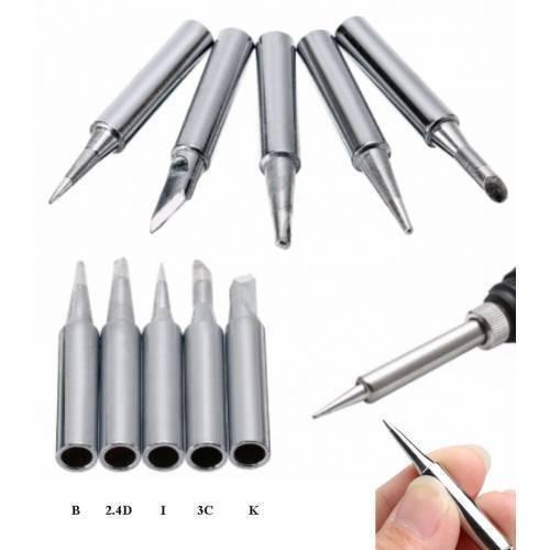5pcs set Silver 936 Lead-Free Soldering Iron Tip - a collection of five silver soldering tips in various shapes, including close-up and mounted views.