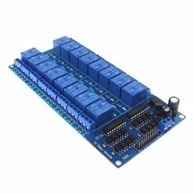5V 16 Channel Relay Module With Optocoupler LM2576 Power Supply - a blue rectangular circuit board with sixteen blue relays and screw terminals.