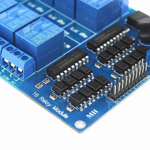 5V 16 Channel Relay Module With Optocoupler LM2576 Power Supply - a close-up of the blue circuit board with relays, black ICs, and pin connectors.