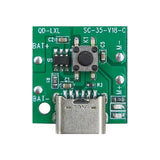 5V 1A Type-C 18650 Lithium Battery Charging Module (SC-35-V18-C) - a green rectangular circuit board with a Type-C port, a push-button, and solder pads.