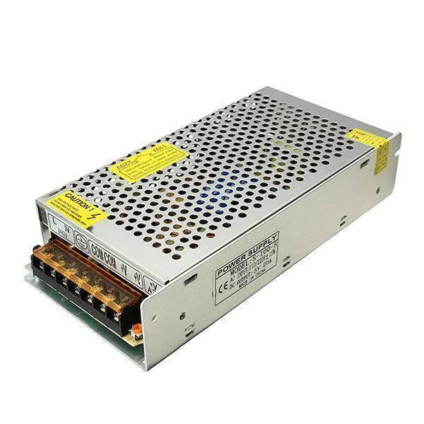 5V 20A 100W AC To DC Power Supply - a silver rectangular metal unit with a perforated top cover, side label, and a terminal block with screw connectors.