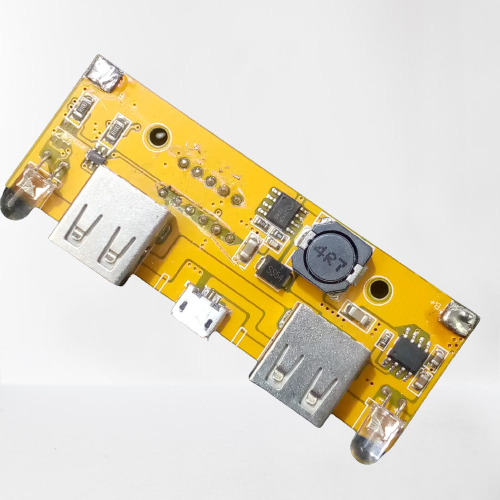 5V 2A 18650 3.7V Battery Charger Charging Module DIY Power Bank - a yellow circuit board featuring two USB ports, a micro USB port, and two LEDs.