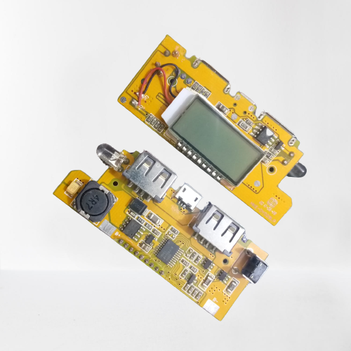 5V 2A DIY Power Bank Module With Display And Emergency Light Points - two yellow circuit boards featuring a blank LCD, USB ports, and a micro-USB port.