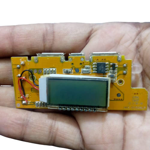 5V 2A DIY Power Bank Module With Display And Emergency Light Points - a yellow circuit board with a blank LCD screen, USB ports, and wires.