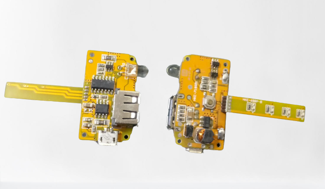 5V 2A Power Bank Module - shown from both sides, featuring a yellow PCB, a USB-A port, a micro-USB port, a push button, and an attached LED strip.