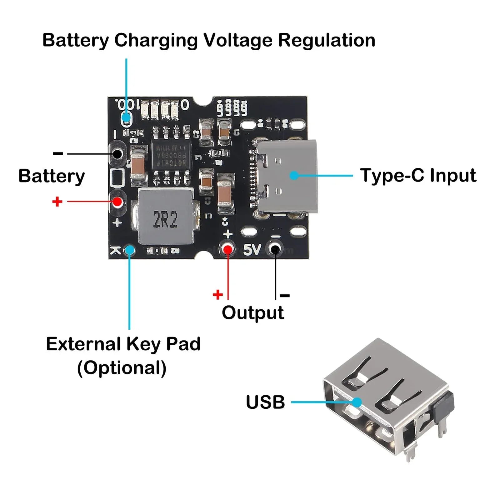 5V 2A Type-c USB High Precision Lithium Battery Charge Protection Converter Booster USB Port Without Soldering - a black circuit board with a Type-C port, battery terminals, and a USB port.
