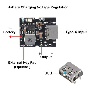 5V 2A Type-c USB High Precision Lithium Battery Charge Protection Converter Booster USB Port Without Soldering - a black circuit board with a Type-C port, battery terminals, and a USB port.