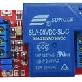 5V 30A 1 Channel Relay Module SLA-05VDC-SL-C - a red circuit board with a large blue Songle relay, screw terminals, and blue jumpers on a white background.