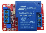 5V 30A 1 Channel Relay Module SLA-05VDC-SL-C - a red circuit board with a large blue Songle relay, screw terminals, and blue jumpers on a white background.