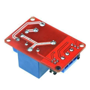 5V 30A 1 Channel Relay Module SLA-05VDC-SL-C - the underside of the red circuit board with soldered pins and a blue relay component.