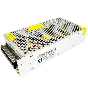 5V 30A 150W AC DC Switching Power Supply For LED Lighting LED Strip Cctv - a silver rectangular metal unit with a perforated top cover and a side terminal block with seven screw connections.