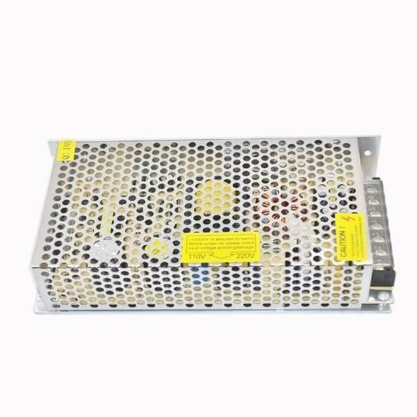 5V 30A 150W AC DC Switching Power Supply For LED Lighting LED Strip Cctv - a silver rectangular metal unit with a perforated cover, voltage selection switch, and side terminal block.