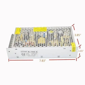 5V 30A 150W AC DC Switching Power Supply For LED Lighting LED Strip Cctv - a silver rectangular metal unit with a perforated top cover and red dimension lines showing 7.83" by 3.85" by 1.65".
