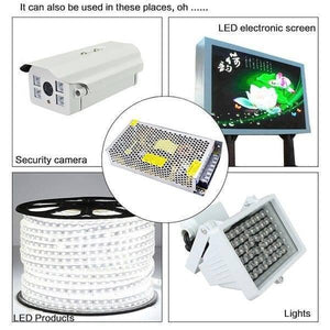 5V 30A 150W AC DC Switching Power Supply For LED Lighting LED Strip Cctv - shown as a central metal mesh unit surrounded by icons of a security camera, LED screen, LED strip, and light.