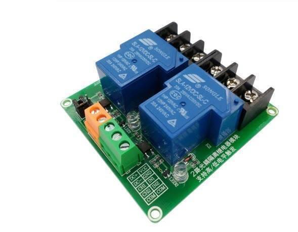 5V 30A 2-channel Relay Module - two blue Songle relays on a green circuit board with screw terminals, input pins, and status LEDs.