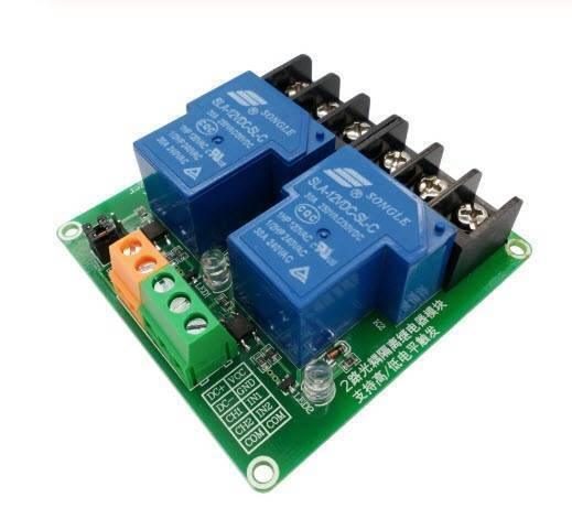 5V 30A 2-channel Relay Module - two blue Songle relays, a green circuit board with screw terminals, input pins, and two LED indicators.
