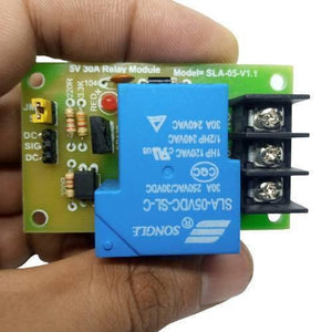 5V 30A Relay Module SLA-05VDC-SL-C - a blue Songle relay, a red LED, terminal blocks, and input pins on a green circuit board.