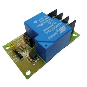 5V 30A Relay Module SLA-05VDC-SL-C - a blue relay mounted on a green circuit board with a yellow jumper, screw terminals, and input pins.