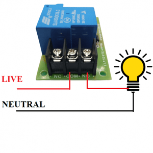 5V 30A Relay Module SLA-05VDC-SL-C - shown with a blue relay on a green circuit board, three screw terminals labeled NC, COM, and NO, and a lightbulb.