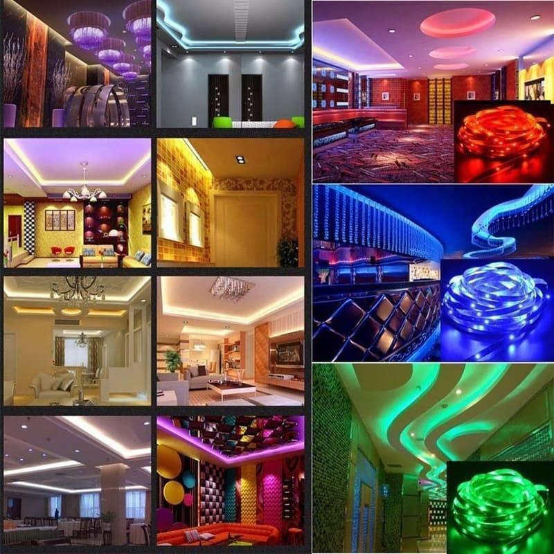 5V 5 Meter Addressable LED Strip WS2812B 30 LED Per Meter - shown in a collage of various interior lighting applications and coiled strips in red, blue, and green.