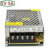 5V 5A AC To DC Switching Power Supply - a silver metal-cased unit with a perforated top, screw terminal block, and a small adjustable voltage knob.