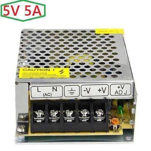 5V 5A AC To DC Switching Power Supply - a silver metal-cased unit with a perforated top, screw terminal block, and a small adjustable voltage knob.
