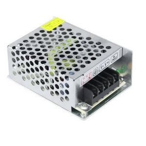 5V 5A AC To DC Switching Power Supply - a silver metal-cased unit with a perforated top, a terminal block, and an adjustment knob.