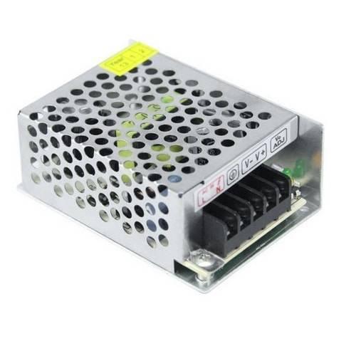 5V 5A AC To DC Switching Power Supply - a silver metal-cased unit with a perforated top, a terminal block, and an adjustment knob.