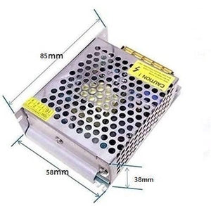 5V 5A AC To DC Switching Power Supply - shown in a silver metal casing with a perforated cover and dimension labels indicating 85mm, 58mm, and 38mm.