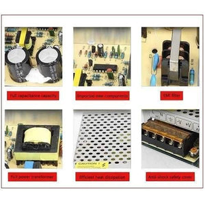 5V 5A AC To DC Switching Power Supply - shown in a six-panel collage detailing internal electronic components, a cooling vent, and a terminal block.