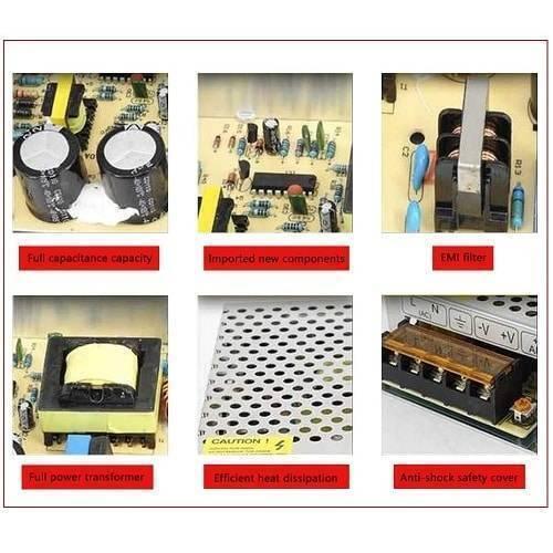 5V 5A AC To DC Switching Power Supply - shown in a six-panel collage detailing internal electronic components, a cooling vent, and a terminal block.