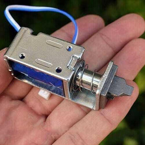 5V-7.4V DC Mini Electromagnet Solenoid Door Lock - a metal frame, a spring-loaded plunger, and a blue and white wire connector.