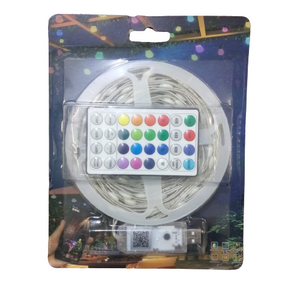 5V Addressable LEDS Strip 10 meter - with a coiled LED strip, a multi-button remote control, and a USB connector with a QR code.