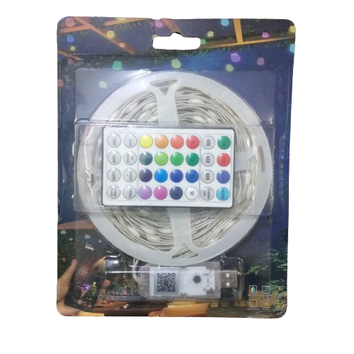 5V Addressable LEDS Strip 10 meter - with a coiled LED strip, a multi-button remote control, and a USB connector with a QR code.