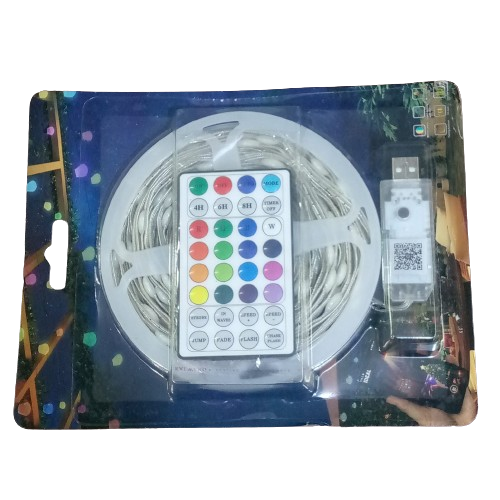 5V Addressable LEDS Strip 10 meter - in retail packaging, showing a coiled LED strip, a remote control with colored buttons, and a USB connector.