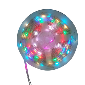 5V Addressable LEDS Strip 10 meter - shown as a coiled, circular roll of multi-colored glowing LED lights on a white plastic spool.