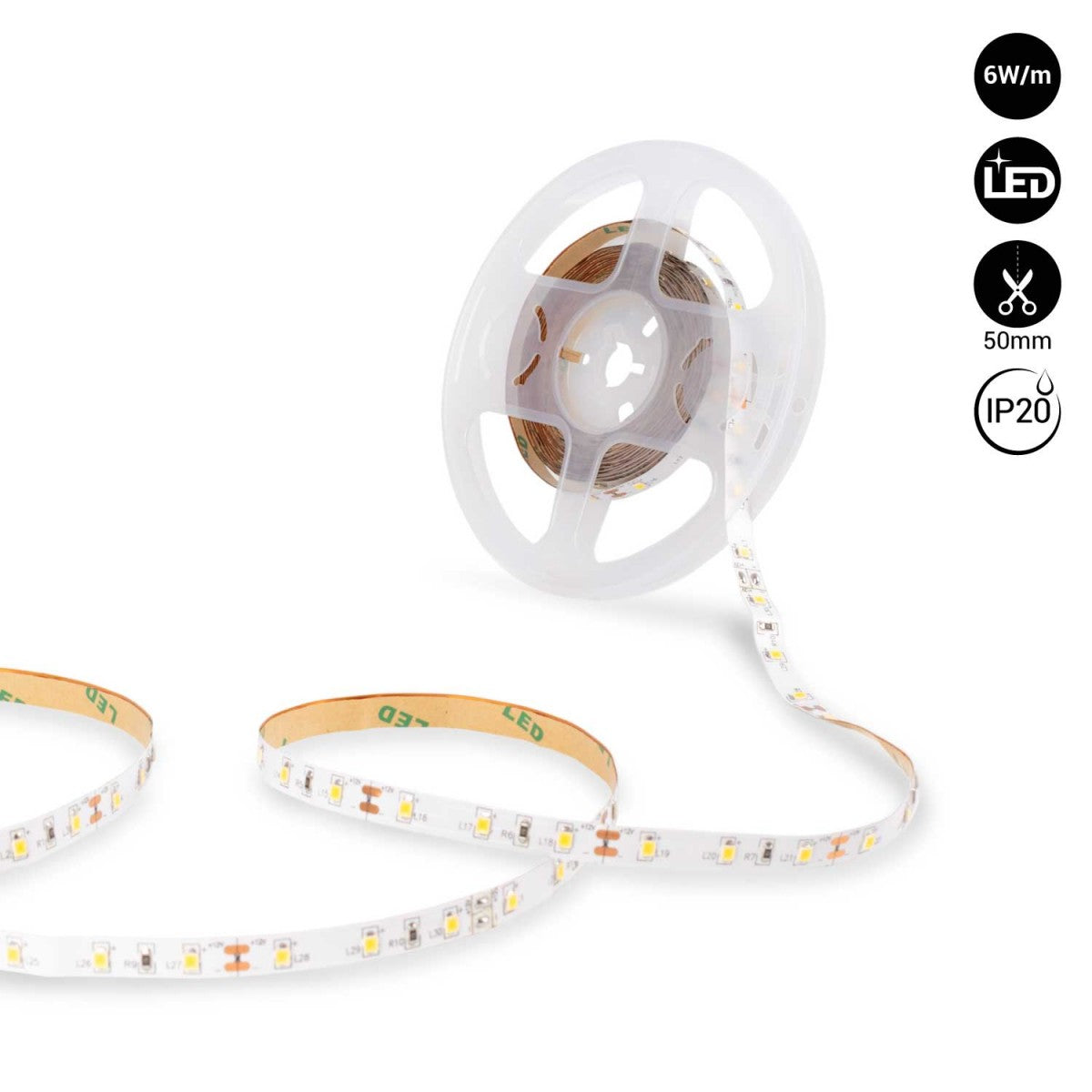 5V DC Strip Light Rolls 5 Meter Each - shown as a white LED strip coiled on a plastic spool with four circular icons indicating 6W/m, LED, 50mm, and IP20.