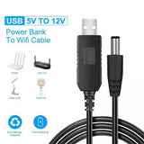 5V DC To 12V DC USB Power Cable Data Adapter Charger Plug Boost Converter Price - a black USB-A to DC barrel jack boost converter cable with icons of a router, light, and lamp.