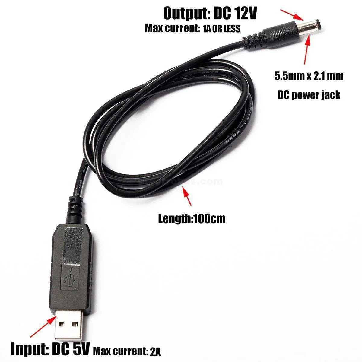 5V DC To 12V DC USB Power Cable Data Adapter Charger Plug Boost Converter Price - black USB to 5.5mm x 2.1mm DC power jack cable with a built-in converter.