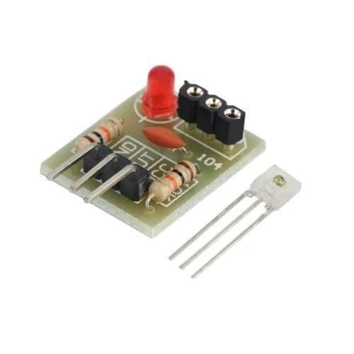 5V Laser Receiver Module High Level Laser Light Detected Sensor Module For Arduino Raspberry Pi - a green circuit board with a red LED, a black three-pin header, resistors, a capacitor, and a separate three-pin sensor.