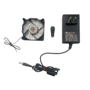 5V LED Fan With Power Supply And Female DC Plug Kit - a black fan with white blades, a female DC barrel jack adapter, and a black power adapter.