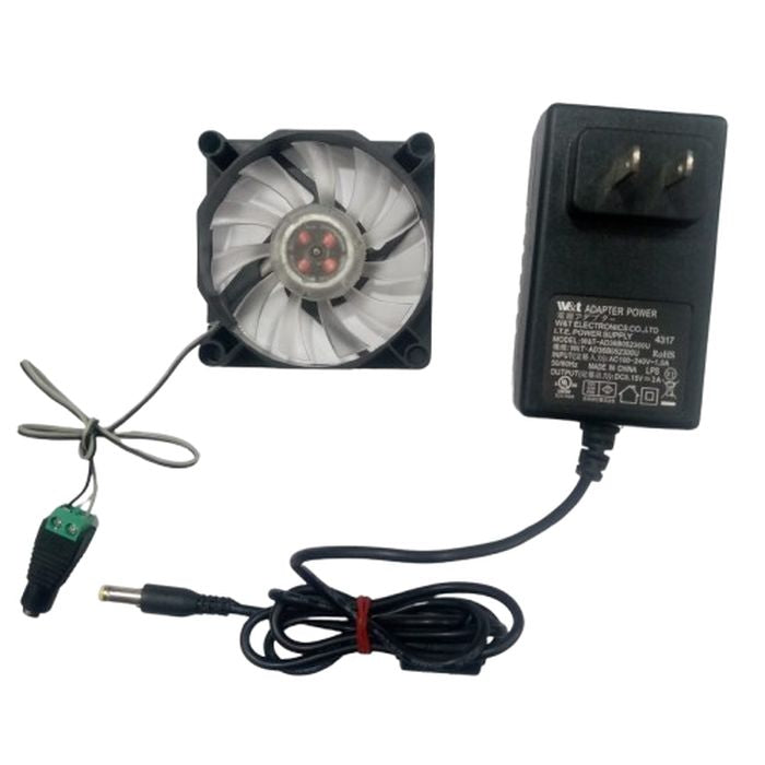 5V LED Fan With Power Supply And Female DC Plug Kit - a black cooling fan with white blades, a power adapter, and a DC female connector.