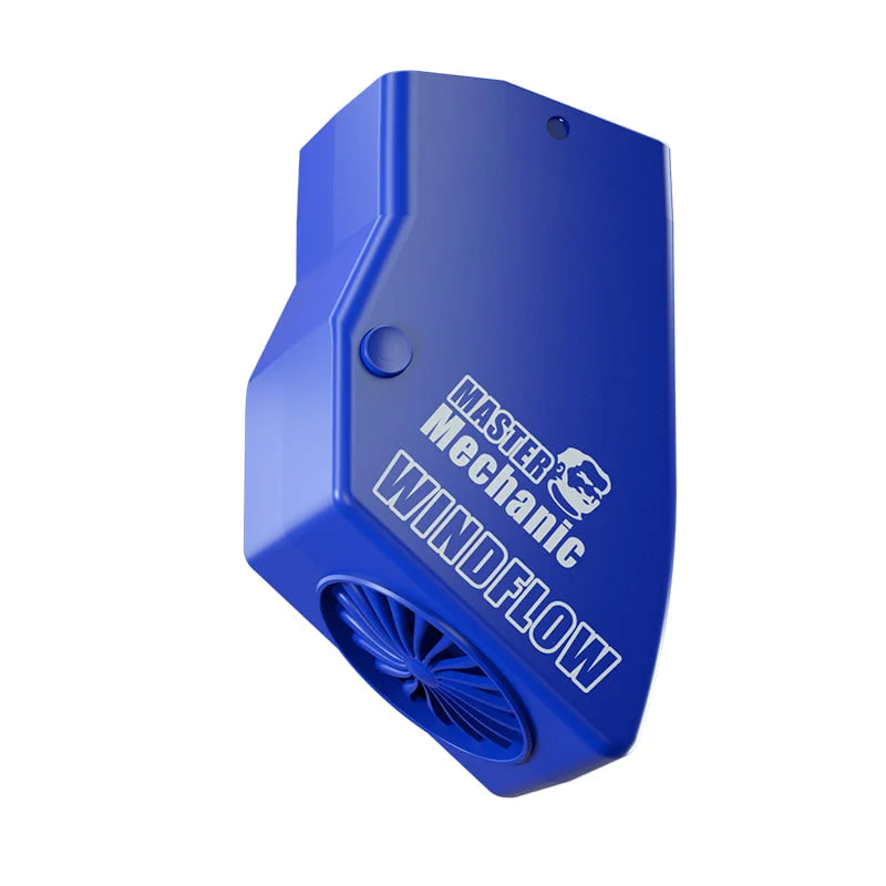 5V Mechanic Windflow Powerful Microscope Fume Smoking Instrument Price - a blue, angled, handheld device with a circular fan vent and a side button, isolated on a white background.