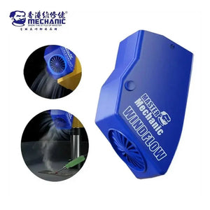 5V Mechanic Windflow Powerful Microscope Fume Smoking Instrument Price - a blue compact device with a circular fan, shown in a main view and two circular insets demonstrating smoke removal.