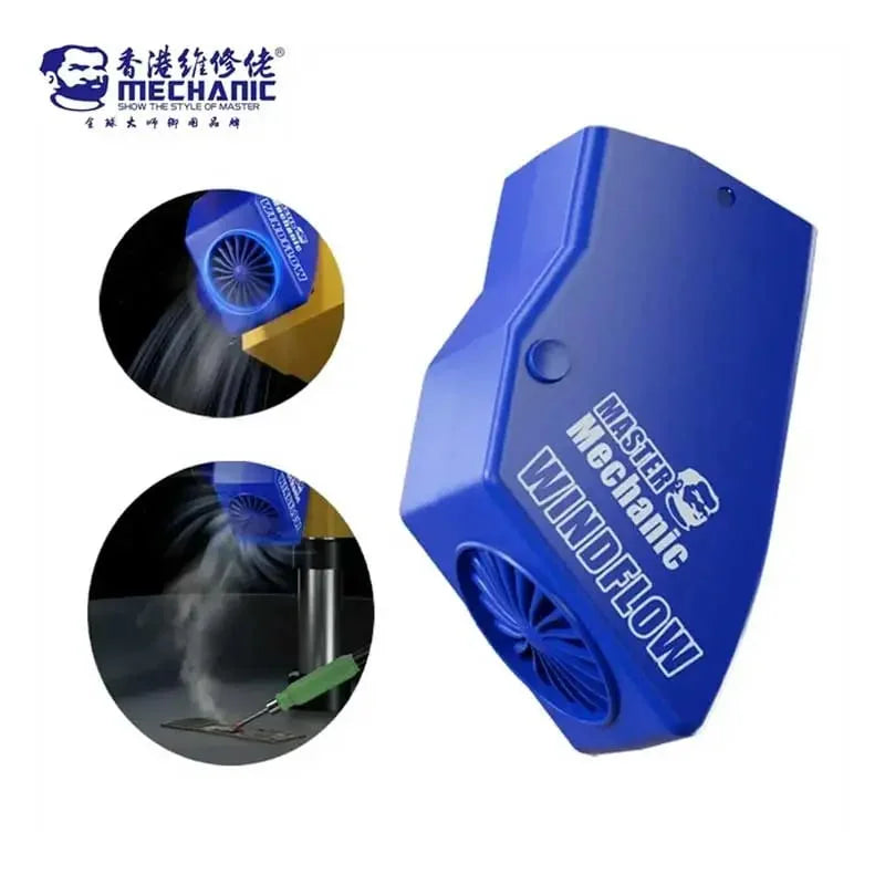 5V Mechanic Windflow Powerful Microscope Fume Smoking Instrument Price - a blue compact device with a circular fan, shown in a main view and two circular insets demonstrating smoke removal.