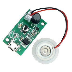 5V Mini Humidifier DIY Kit Mist Maker – USB Fog Module - a green circuit board with a micro-USB port, a push button, and a piezo misting disc.