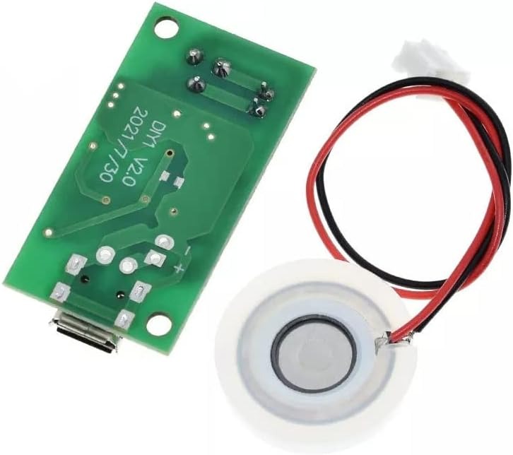5V Mini Humidifier DIY Kit Mist Maker – USB Fog Module - a green circuit board with a USB port, a white piezoelectric disc, and red and black connecting wires.