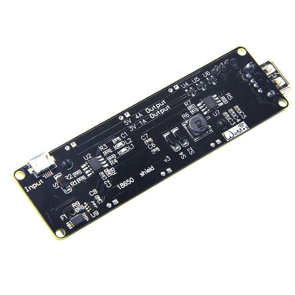 5V UPS 18650 Battery Charging Shield Arduino Battery Shield Nodemcu Battery Shield - a black rectangular circuit board with a micro-USB input port, a USB output port, and various electronic components.