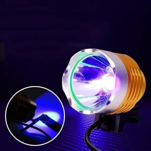 5V USB UV Glue Lamp LED Ultraviolet Green Oil Curing Purple Light - a gold-cased lamp emitting purple light with an inset close-up of the beam.